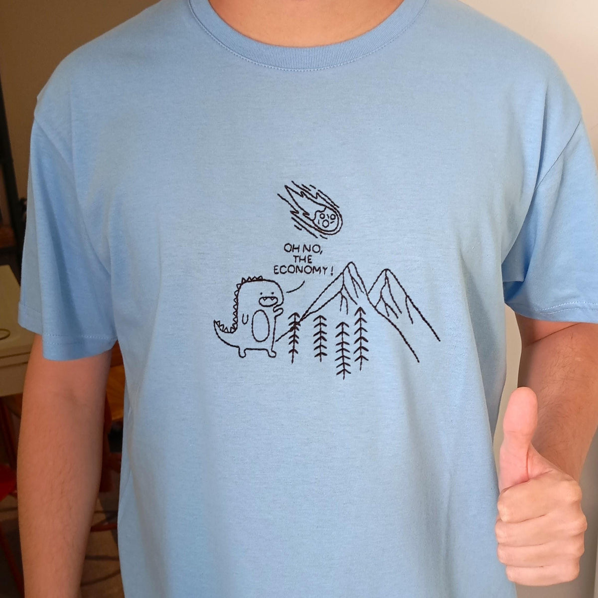 Dinosaur Oh No The Economy Meme - Hand Embroidered T-Shirt