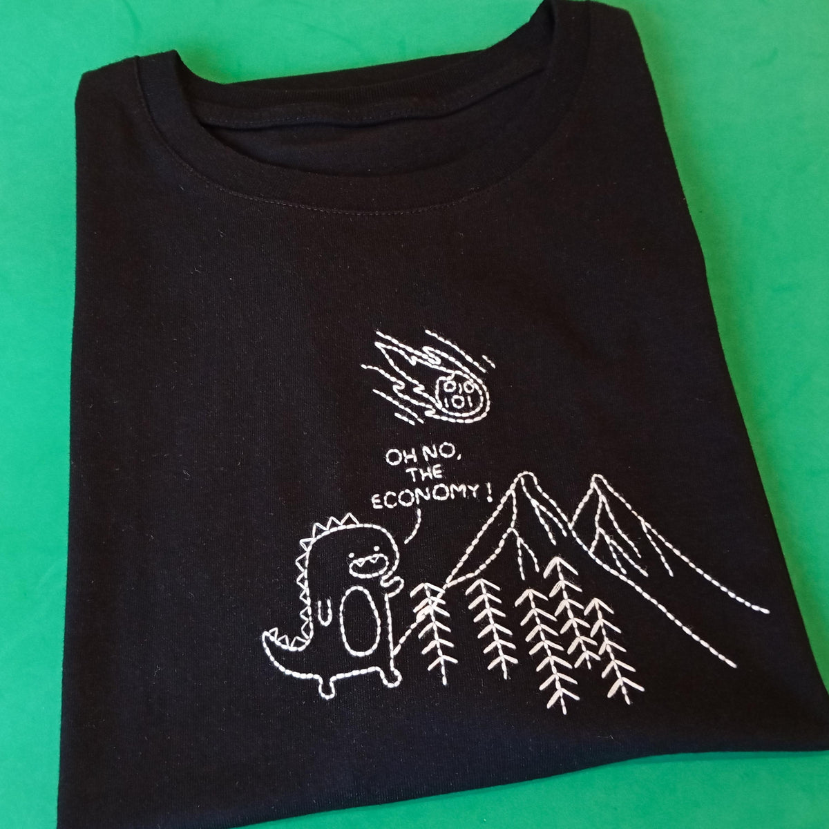 Dinosaur Oh No The Economy Meme - Hand Embroidered T-Shirt