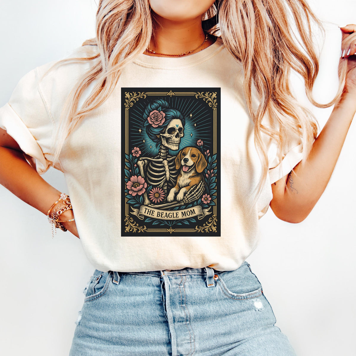 Beagle Mom Tarot Card T-Shirt: Comfort Colors Dog Skeleton Tee