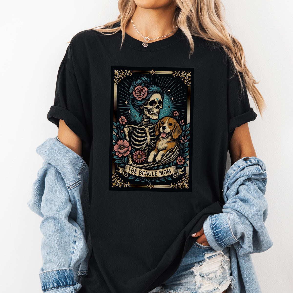 Beagle Mom Tarot Card T-Shirt: Comfort Colors Dog Skeleton Tee