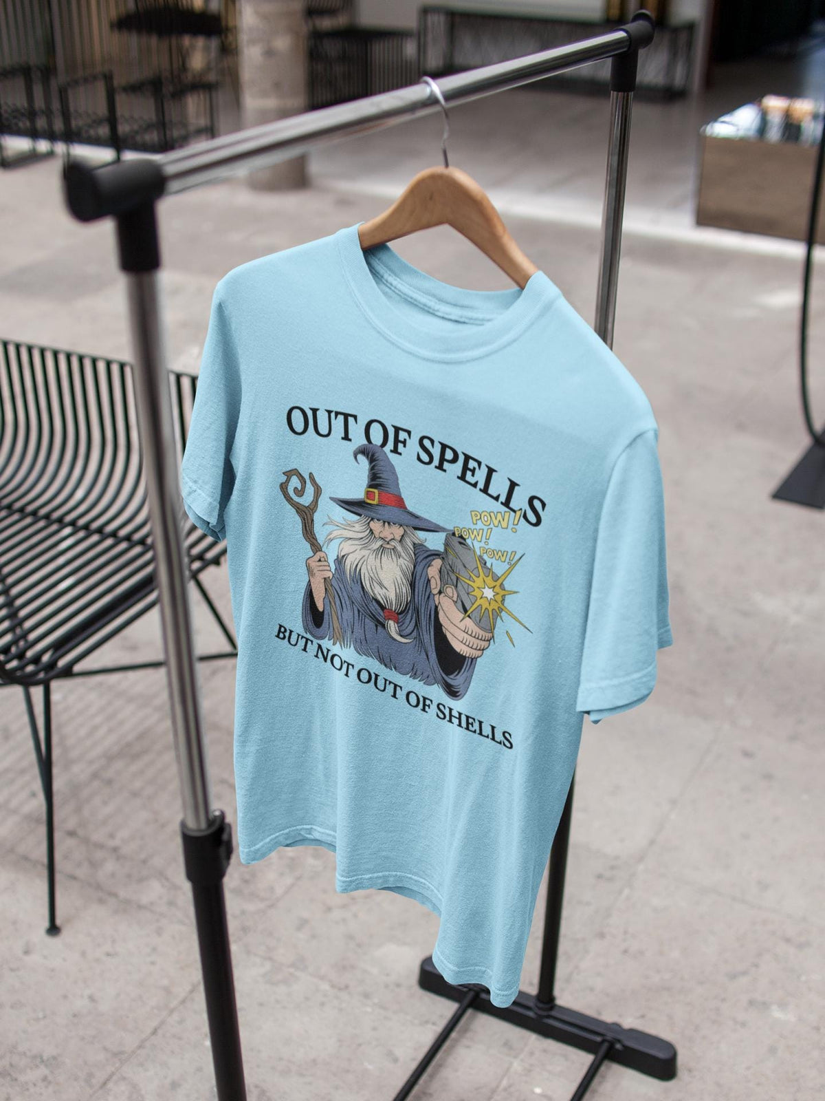 Out of Spells but not Out of Shells Tshirt, Wizard Graphic Tee, Hand Painted Tshirt, wizard gun shirt, spellcaster parody shirt, wizard meme