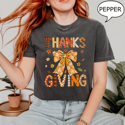 Comfort Colors® Coquette Bow Thanksgiving T-Shirt, Autumn Fall Shirt, Thanksgiving Shirt, Thankful Shirt, Thanksgiving Gift