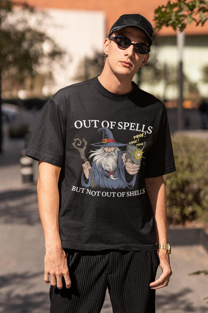 Out of Spells but not Out of Shells Tshirt, Wizard Graphic Tee, Hand Painted Tshirt, wizard gun shirt, spellcaster parody shirt, wizard meme