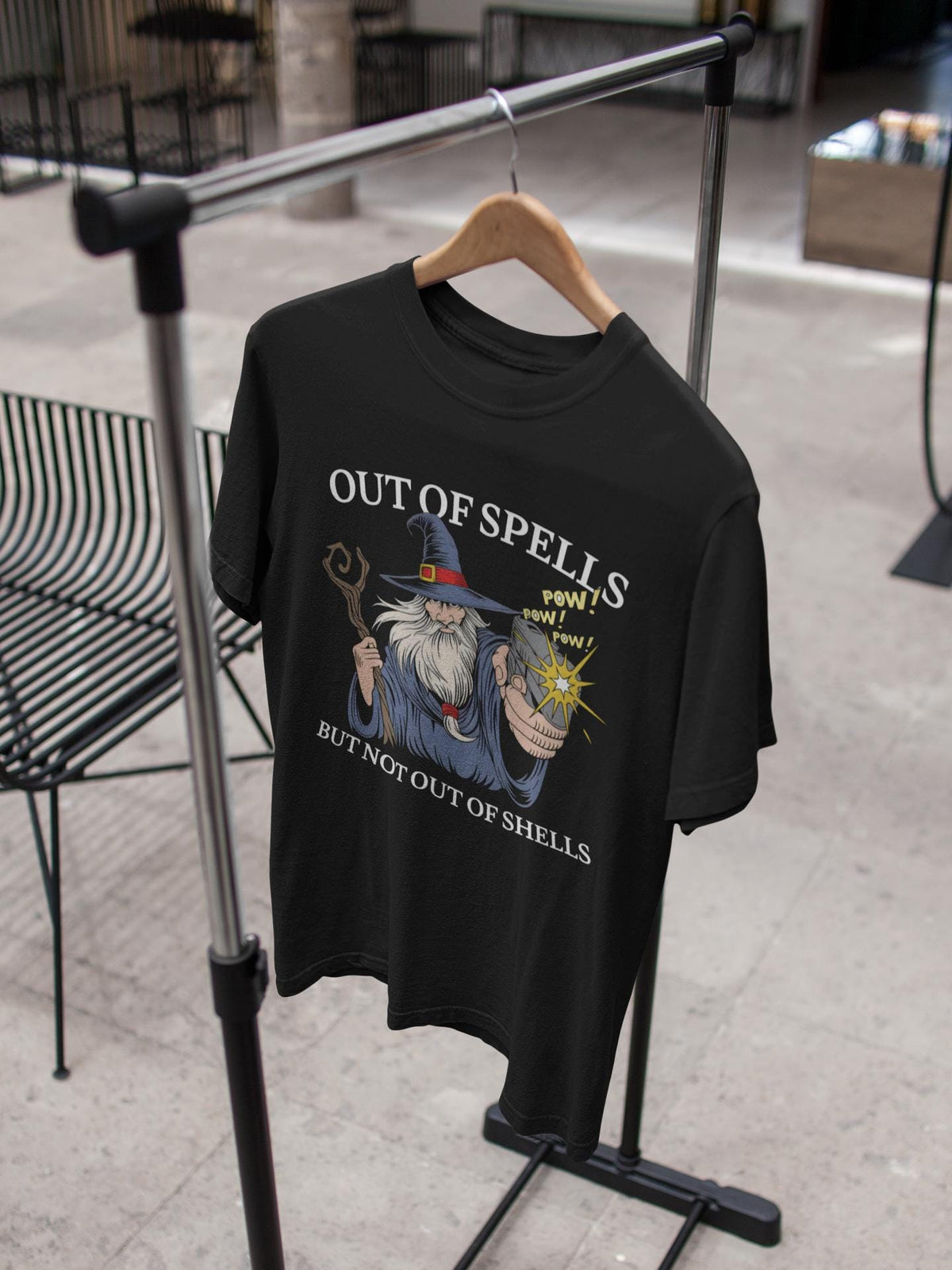 Out of Spells but not Out of Shells Tshirt, Wizard Graphic Tee, Hand Painted Tshirt, wizard gun shirt, spellcaster parody shirt, wizard meme