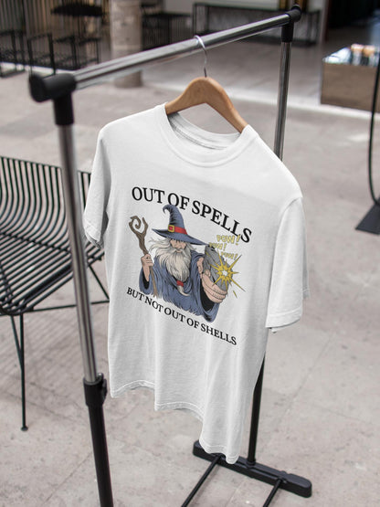 Out of Spells but not Out of Shells Tshirt, Wizard Graphic Tee, Hand Painted Tshirt, wizard gun shirt, spellcaster parody shirt, wizard meme