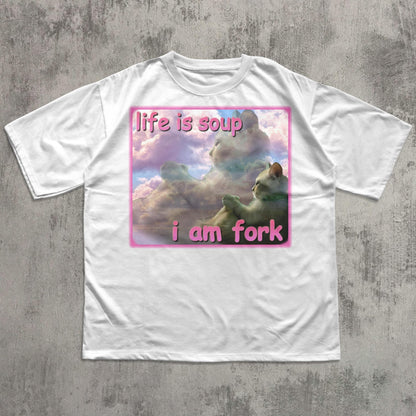 Life Is Soup I Am Fork Cat Graphic T-Shirt in White