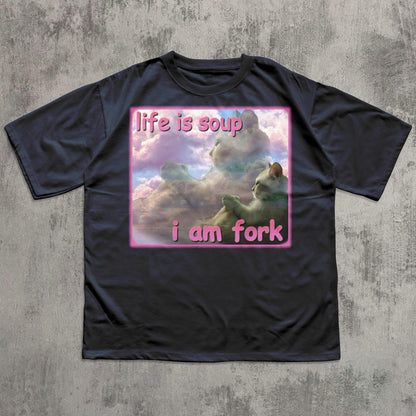 Life Is Soup I Am Fork Cat Graphic T-Shirt in Navy