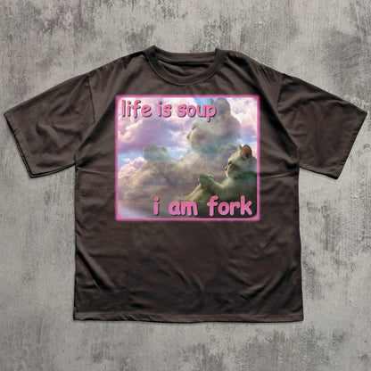 Life Is Soup I Am Fork Cat Graphic T-Shirt in Dark Chocolate