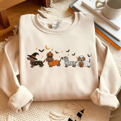 Dachshund Halloween Embroidered Sweatshirt, Cute Dog Costume Crewneck, Spooky Season Fall Dog Shirt, Wiener Dog Lover Tee, Dog Mom Shirt