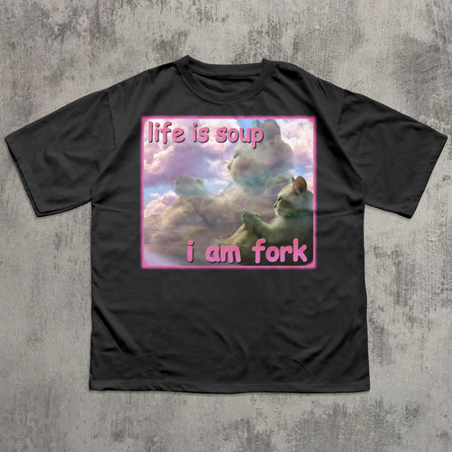 Life Is Soup I Am Fork Cat Graphic T-Shirt in Black