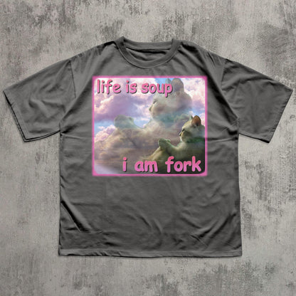 Life Is Soup I Am Fork Cat Graphic T-Shirt in Charcoal