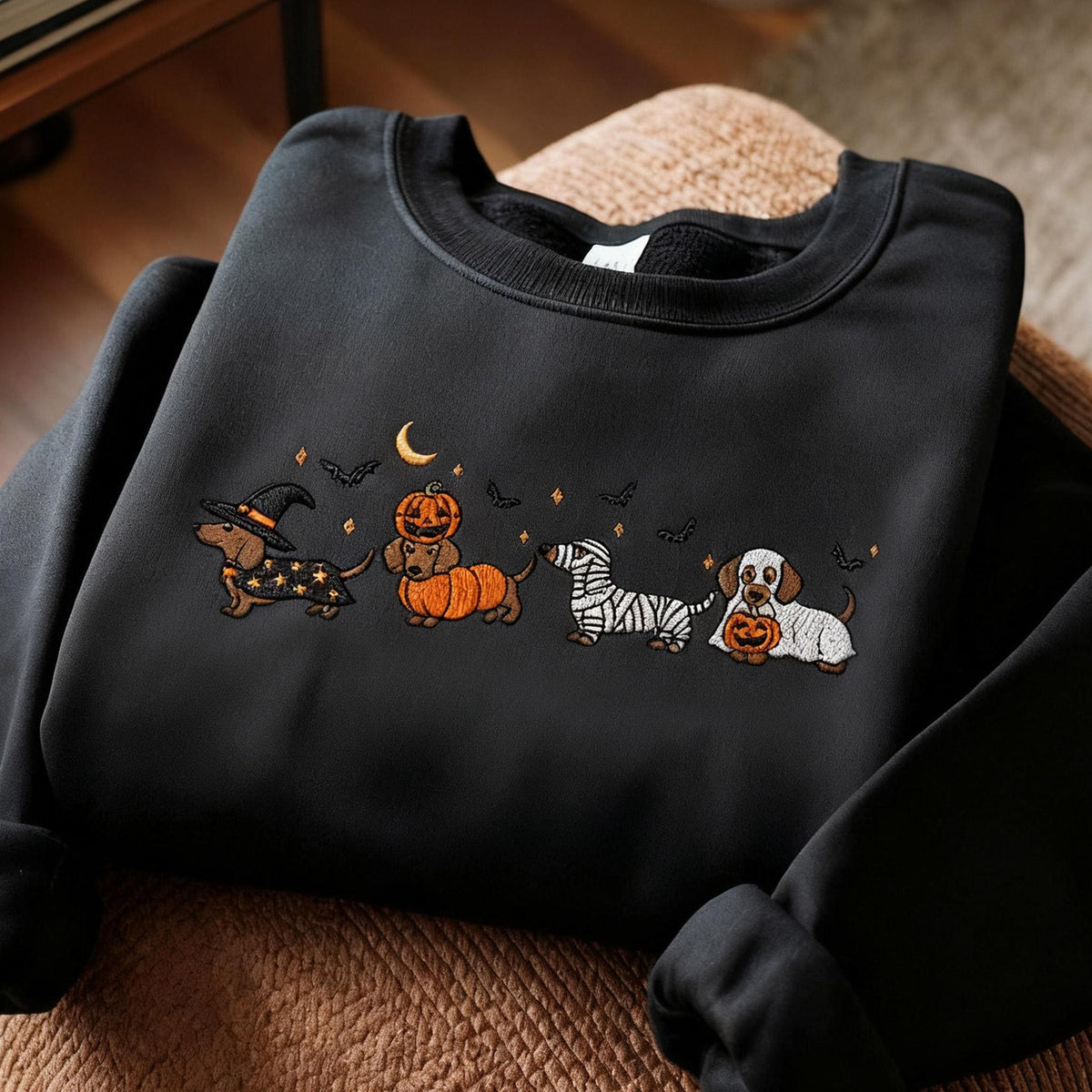 Dachshund Halloween Embroidered Sweatshirt, Cute Dog Costume Crewneck, Spooky Season Fall Dog Shirt, Wiener Dog Lover Tee, Dog Mom Shirt