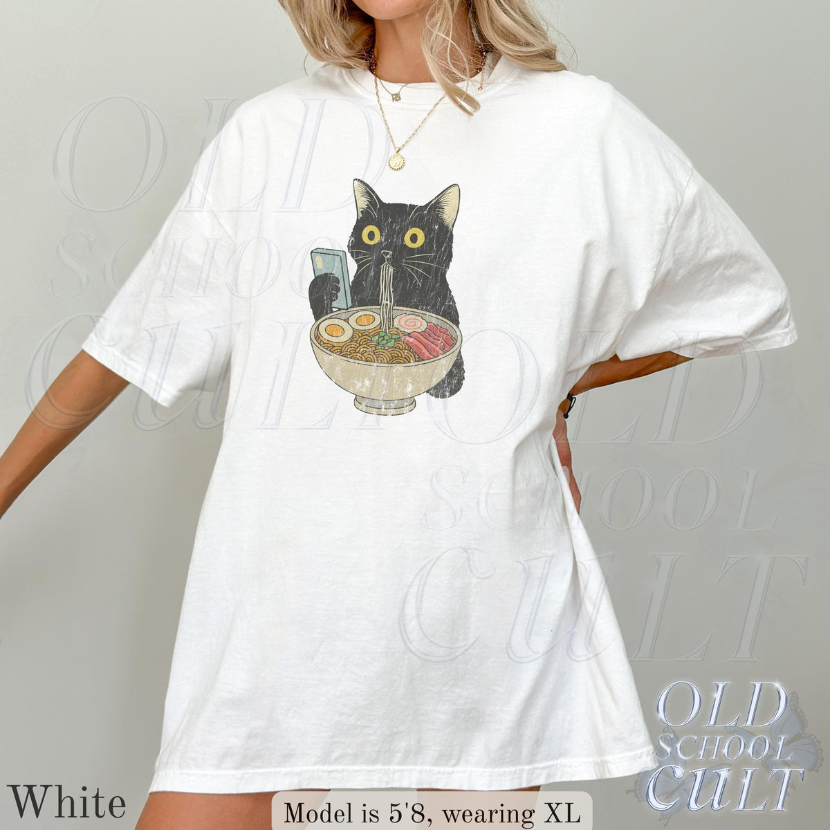 Cat Rahmen Unisex T-shirt, Cat Eating Ramen Funny Shirt, Graphic Tee for Cat Lovers, Vintage Kitty Top, Cool Casual Cat Print Shirt