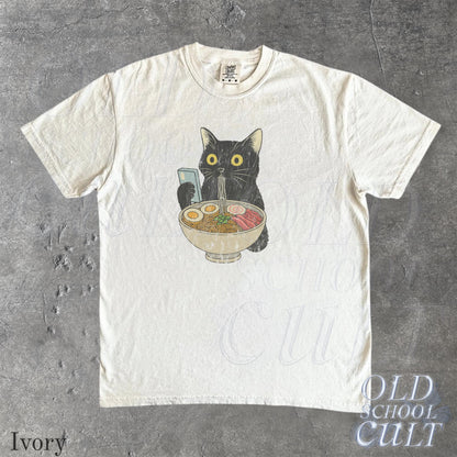 Cat Rahmen Unisex T-shirt, Cat Eating Ramen Funny Shirt, Graphic Tee for Cat Lovers, Vintage Kitty Top, Cool Casual Cat Print Shirt