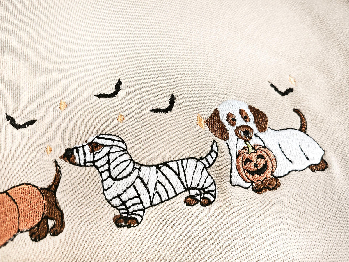 Dachshund Halloween Embroidered Sweatshirt, Cute Dog Costume Crewneck, Spooky Season Fall Dog Shirt, Wiener Dog Lover Tee, Dog Mom Shirt