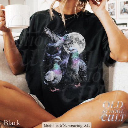 Three Pigeon Retro Graphic T-shirts, Vintage Pigeon Moon Tshirt, Bird Watching Lovers, Funny Brid Tee, Oversized Washed Tee, Silly Gift