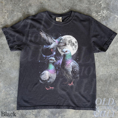 Three Pigeon Retro Graphic T-shirts, Vintage Pigeon Moon Tshirt, Bird Watching Lovers, Funny Brid Tee, Oversized Washed Tee, Silly Gift