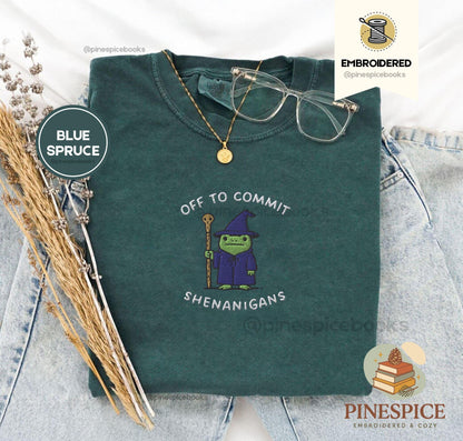 Off to Commit Shenanigans Wizard Frog Funny DnD Tee, Embroidered Comfort Colors 1717, Ren Faire Fantasy Gift