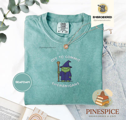 Off to Commit Shenanigans Wizard Frog Funny DnD Tee, Embroidered Comfort Colors 1717, Ren Faire Fantasy Gift