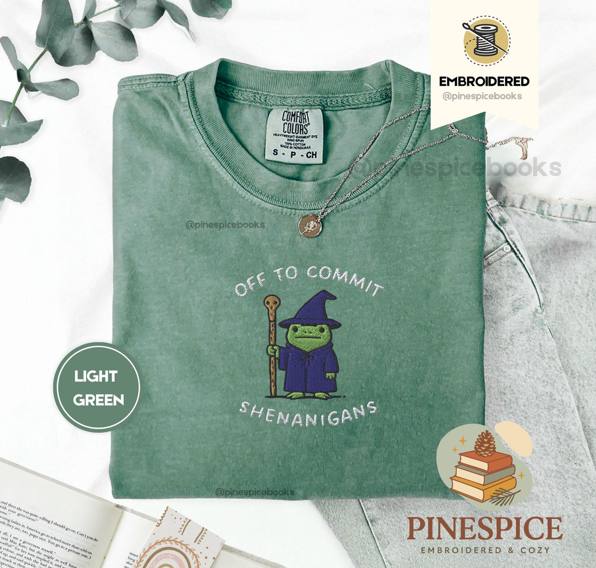 Off to Commit Shenanigans Wizard Frog Funny DnD Tee, Embroidered Comfort Colors 1717, Ren Faire Fantasy Gift