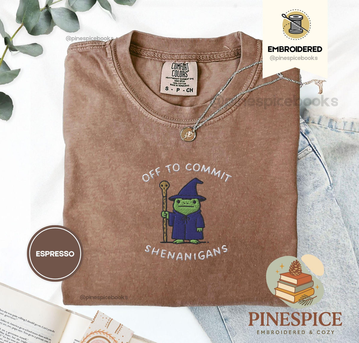 Off to Commit Shenanigans Wizard Frog Funny DnD Tee, Embroidered Comfort Colors 1717, Ren Faire Fantasy Gift