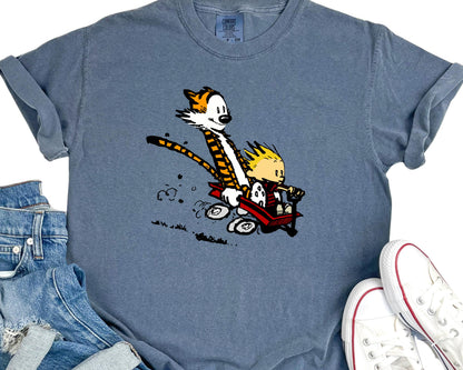 Calvin and Hobbes Wagon Ride T-shirt | Cartoon Comic Tee