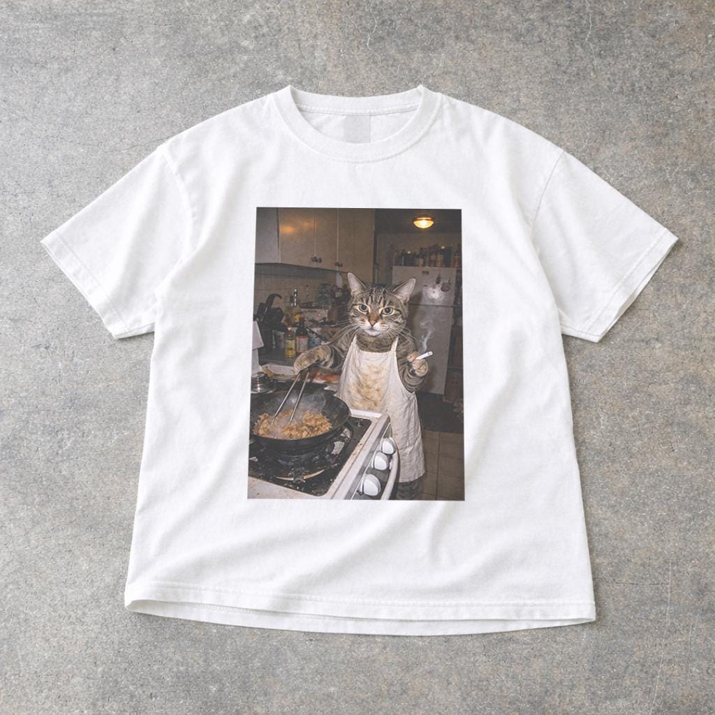 Funny Cat T-Shirt - Retro Cooking Cat Meme Graphic Tee