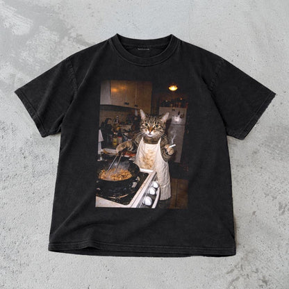 Funny Cat T-Shirt - Retro Cooking Cat Meme Graphic Tee