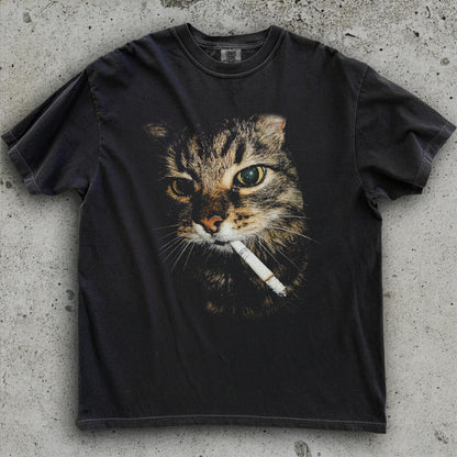 Smoking Cat Graphic Tee - Hard Pic Meme Shirt for Indie Sleaze
