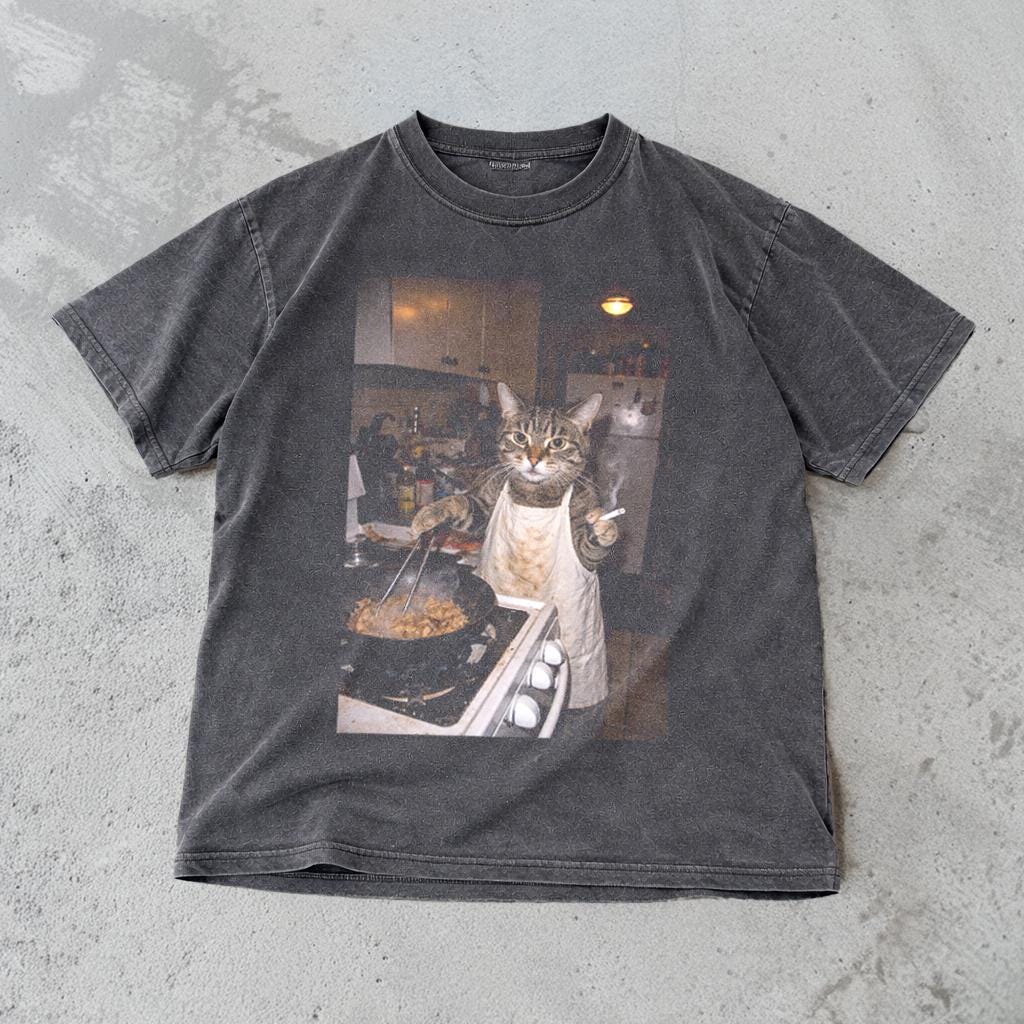 Funny Cat T-Shirt - Retro Cooking Cat Meme Graphic Tee