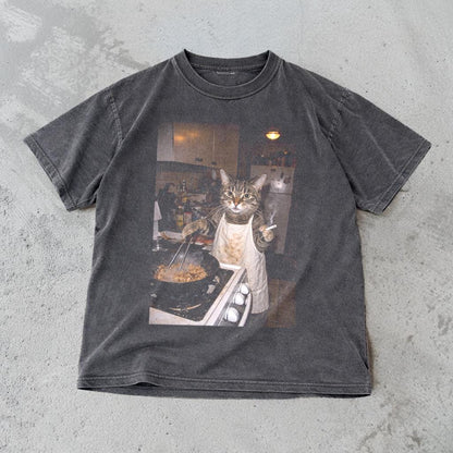 Funny Cat T-Shirt - Retro Cooking Cat Meme Graphic Tee