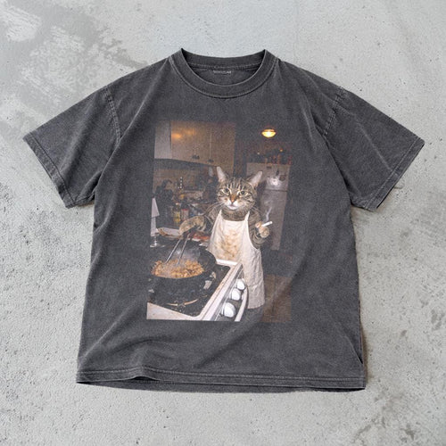 Funny Cat T-Shirt - Retro Cooking Cat Meme Graphic Tee