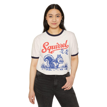 Squirrel Ringer Tee, Retro Americana Wildlife Shirt, Two Tone Vintage Graphic Tee, Unisex Contrast Collar Tee, Red Blue Squirrel Shirt