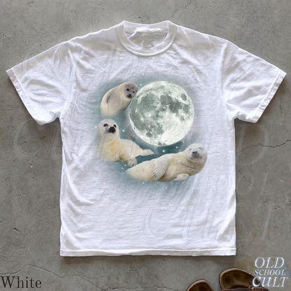 Three Baby Seal Vintage Graphic T-shirts, Retro Sea Dog Moon Tshirt, Seal Lovers, Cute Sea Dog Tee, Relaxed Washed Adult Tee, Fun Gifts