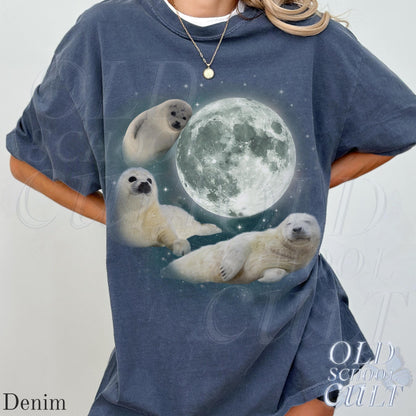 Three Baby Seal Vintage Graphic T-shirts, Retro Sea Dog Moon Tshirt, Seal Lovers, Cute Sea Dog Tee, Relaxed Washed Adult Tee, Fun Gifts
