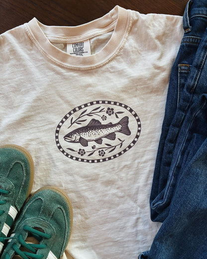 Whimsy Folk Mountain Trout Graphic Tee: 100% Cotton Illustrated Summer Shirt