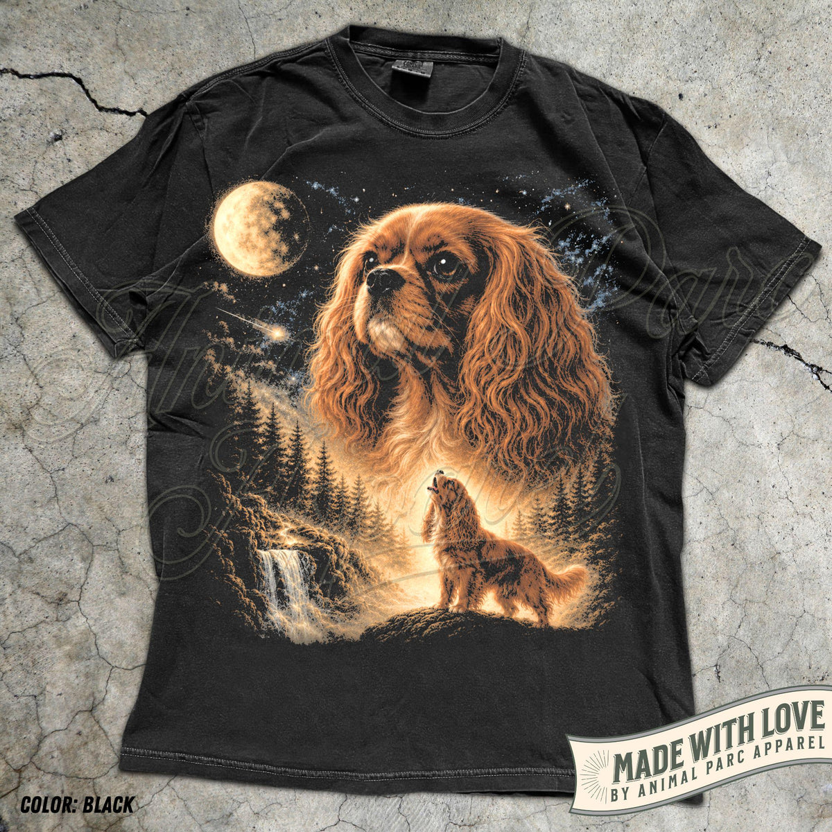 Cavalier Howling to The Moon Vintage T-Shirt, 90s Retro Animal Graphic Tee, Ruby Cavalier King Charles Spaniel Shirt, Silly Full Moon Shirt