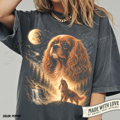 Cavalier Howling to The Moon Vintage T-Shirt, 90s Retro Animal Graphic Tee, Ruby Cavalier King Charles Spaniel Shirt, Silly Full Moon Shirt