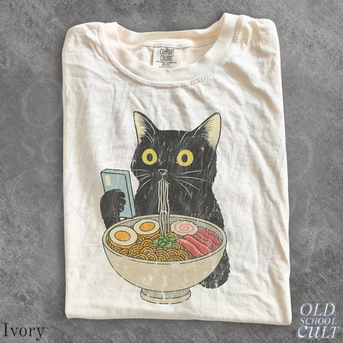 Cat Rahmen Unisex T-shirt, Cat Eating Ramen Funny Shirt, Graphic Tee for Cat Lovers, Vintage Kitty Top, Cool Casual Cat Print Shirt