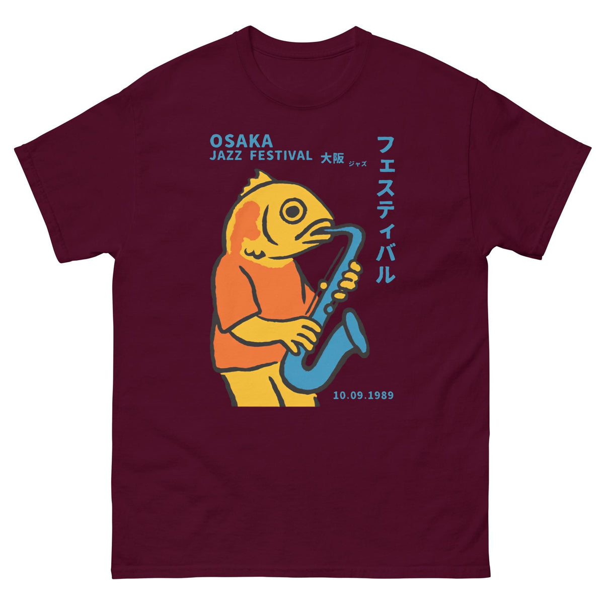 Osaka Jazz Festival 1989 T-Shirt, Fish Playing Saxophone Graphic Tee
