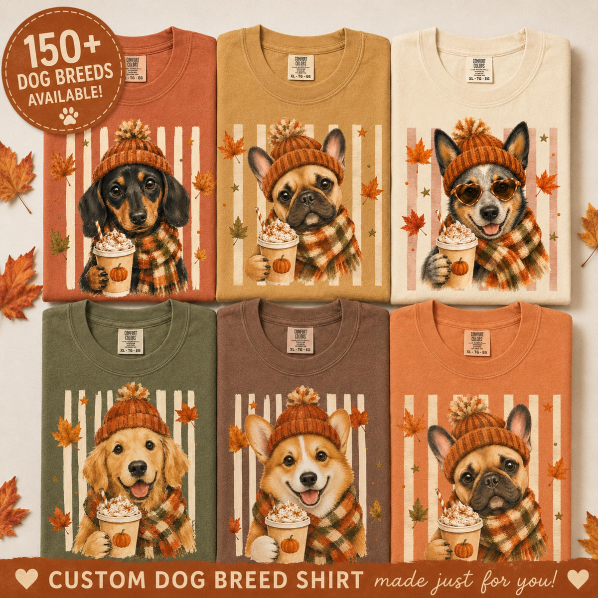 Fall Dogs Comfort Colors Shirt  120+ Dog Breeds, Personalized Dog Mom Tee, Autumn Cosy Dog T-Shirt, Pumpkin Spice Autumn Custom Pet Portrait