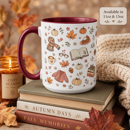 Cozy Autumn Mug, Pumpkin Book Sweater Pattern Ceramic Cup (11oz or 15oz)