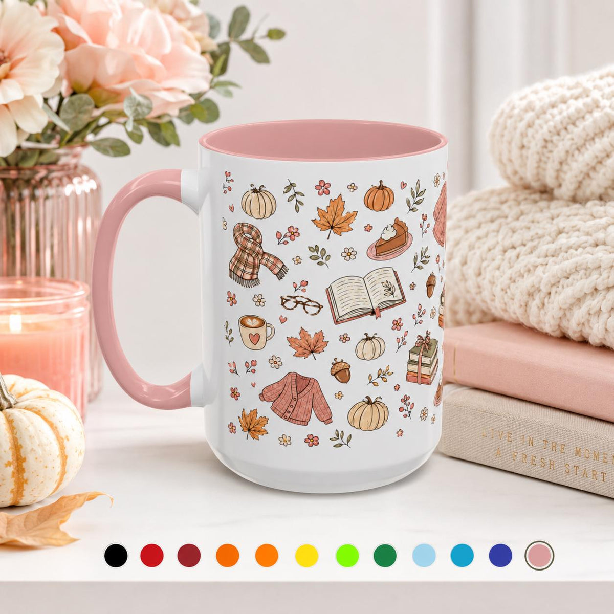 Cozy Autumn Mug, Pumpkin Book Sweater Pattern Ceramic Cup (11oz or 15oz)