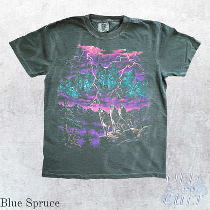 Vintage Wolf Thunder Storm 90s Graphic Tee, Washed Black Wildlife Shirt, Lightning Storm Wolves T-Shirt, Retro Nature Lover Gift