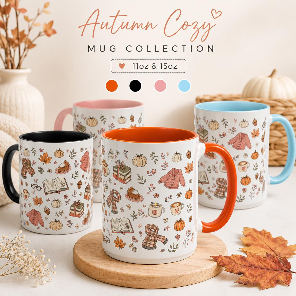 Cozy Autumn Mug, Pumpkin Book Sweater Pattern Ceramic Cup (11oz or 15oz)