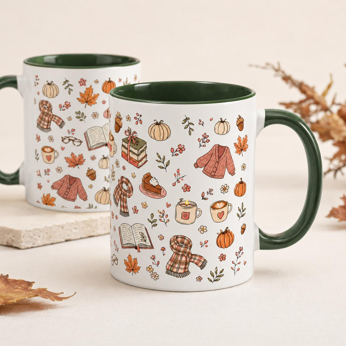 Cozy Autumn Mug, Pumpkin Book Sweater Pattern Ceramic Cup (11oz or 15oz)