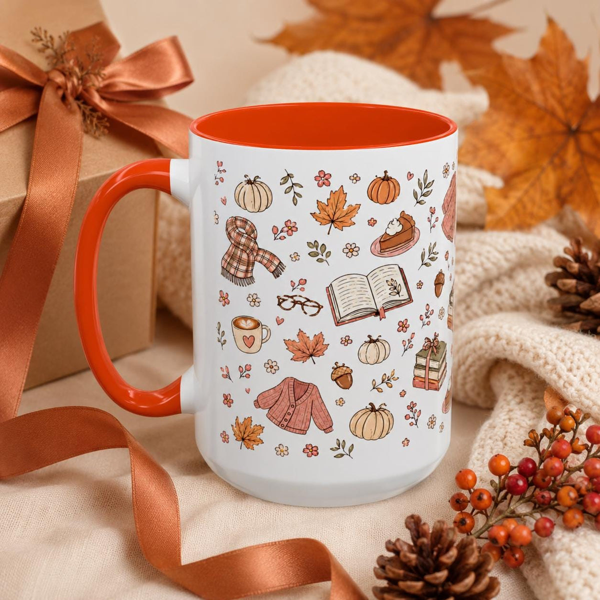 Cozy Autumn Mug, Pumpkin Book Sweater Pattern Ceramic Cup (11oz or 15oz)