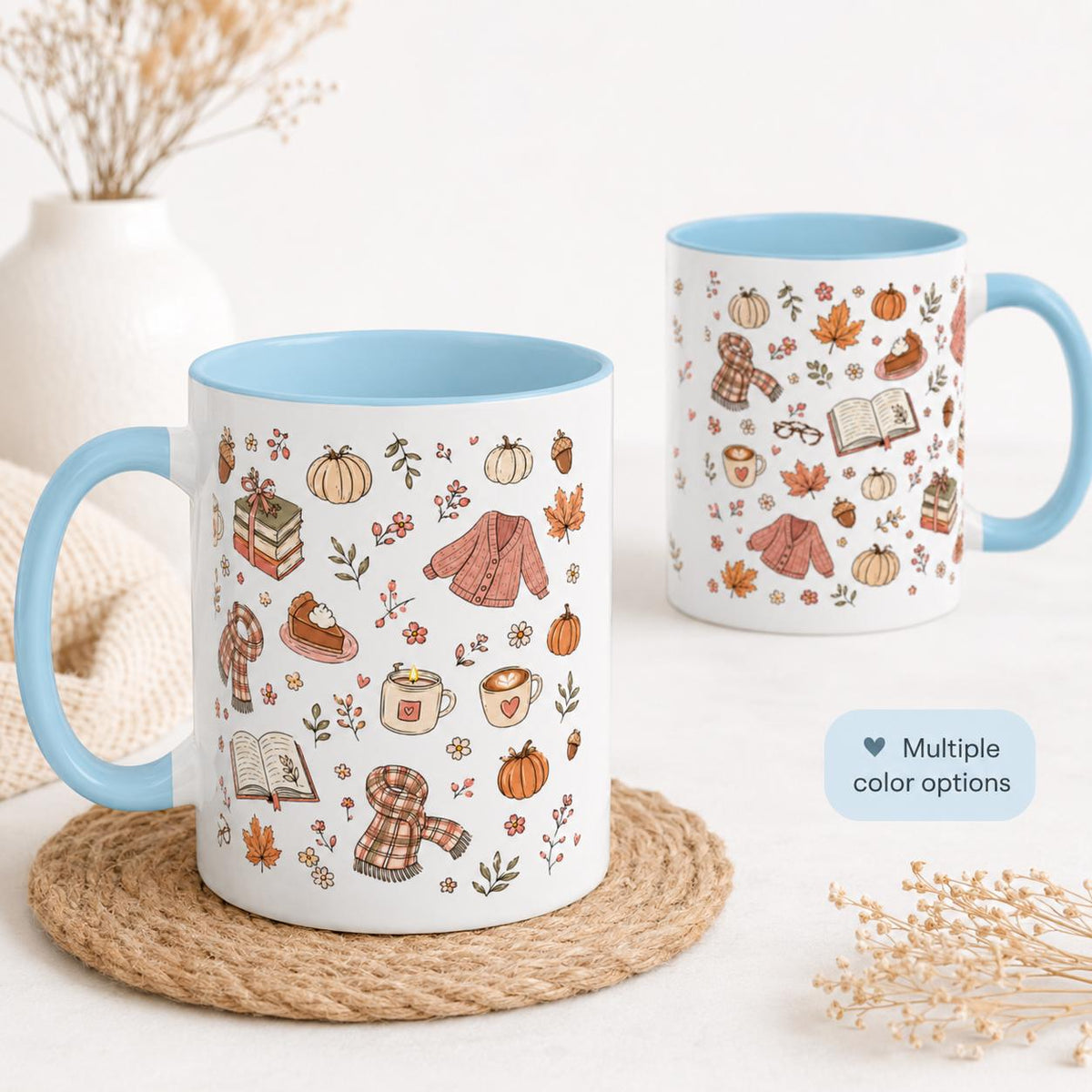 Cozy Autumn Mug, Pumpkin Book Sweater Pattern Ceramic Cup (11oz or 15oz)