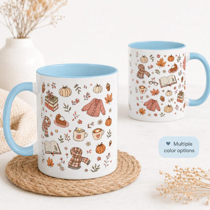 Cozy Autumn Mug, Pumpkin Book Sweater Pattern Ceramic Cup (11oz or 15oz)