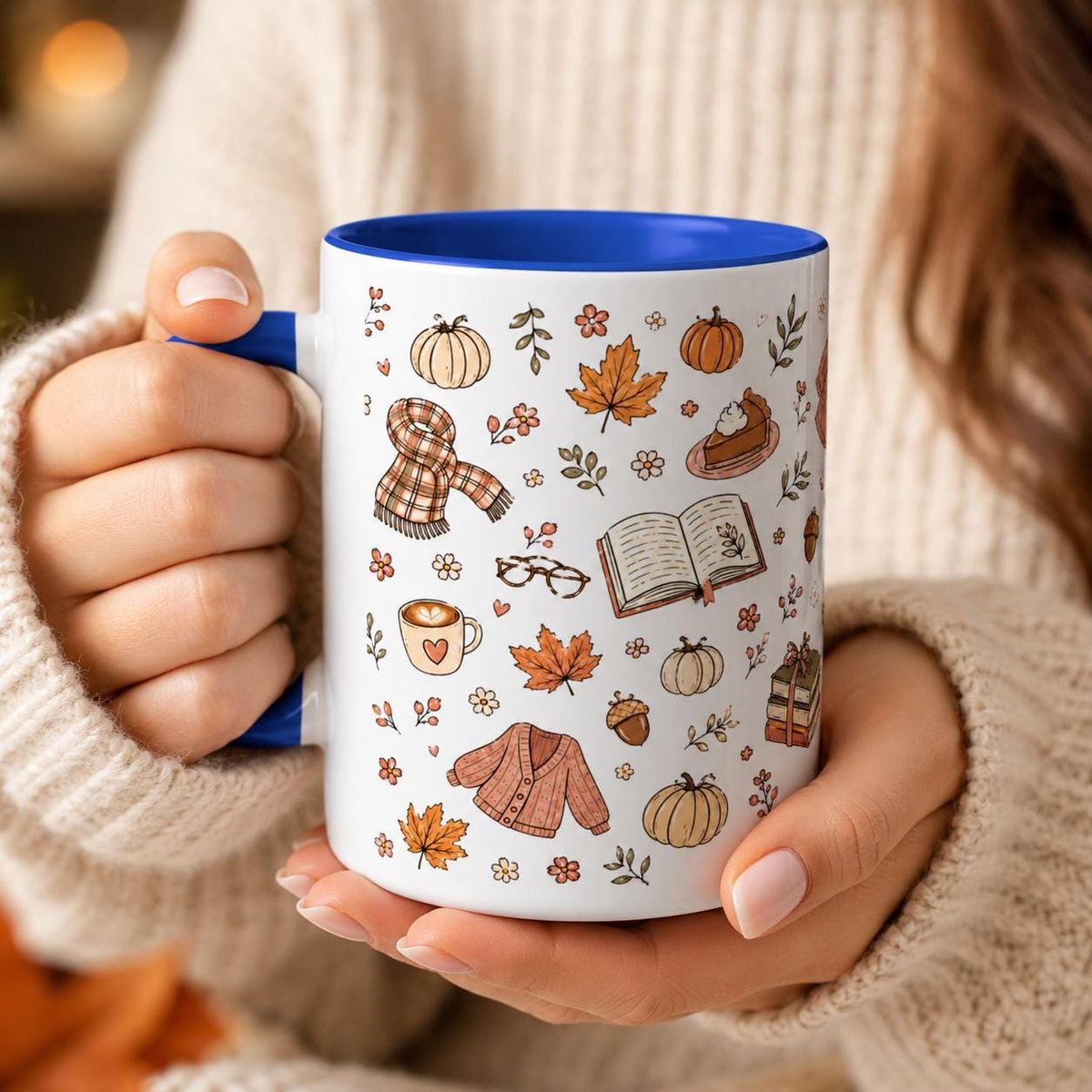 Cozy Autumn Mug, Pumpkin Book Sweater Pattern Ceramic Cup (11oz or 15oz)